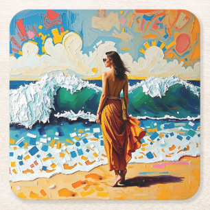 Porta-copo De Papel Quadrado Mulher na Arte Abstrata da Praia à Beira-Mar