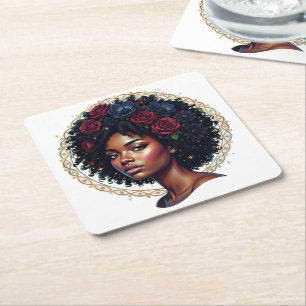 Porta-copo De Papel Quadrado Mulher Negra Floral Afro Escuro