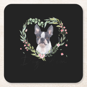 Porta-copo De Papel Quadrado Mulheres Curiosas Boston Terrier Mãe Cachorro Flor