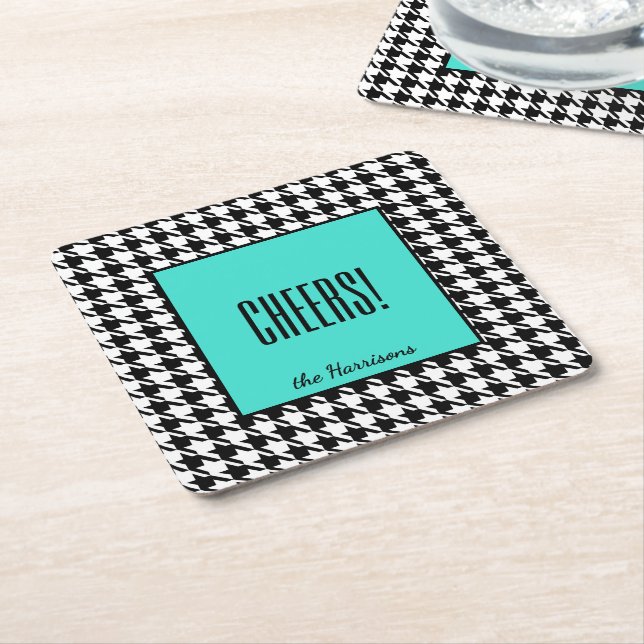 Porta-copo De Papel Quadrado Name & Cheers! Turquoise Black White Houndstooth 6 (Inclinado)