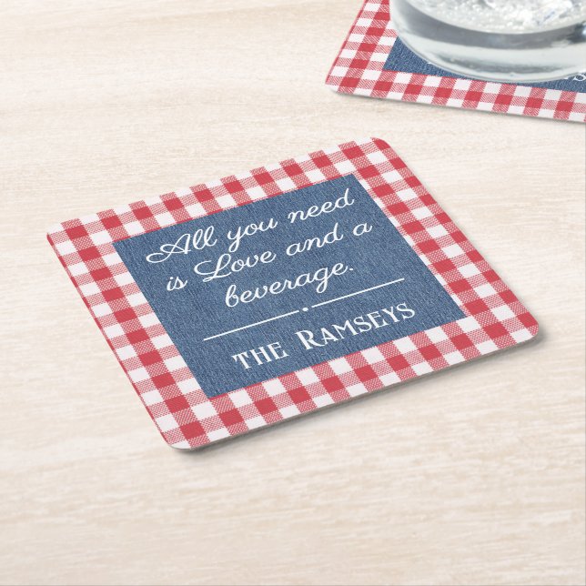 Porta-copo De Papel Quadrado Name Quote. Red & White Check, Blue Denim Print (Inclinado)