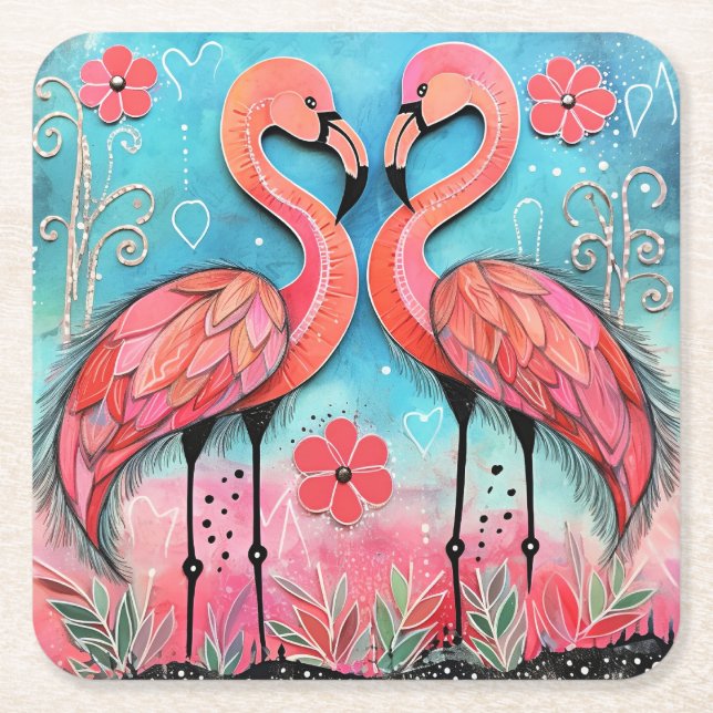 Porta-copo De Papel Quadrado Namorados Flamingo Art (Frente)