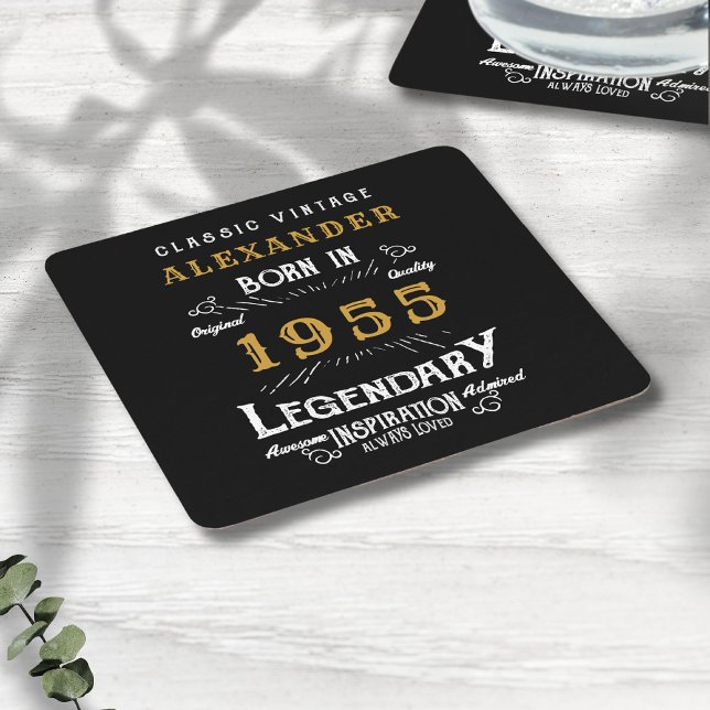Porta-copo De Papel Quadrado Nascer de aniversário de 70 personalizado preto 19 (Personalized 70th birthday coaster with name and birth year template.)