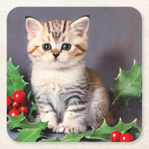 Porta-copo De Papel Quadrado Natais vintages Kitten e Holly