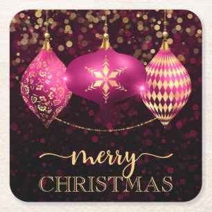 Porta-copo De Papel Quadrado Natal Alegre Elegante Rosa Quente e Dourado