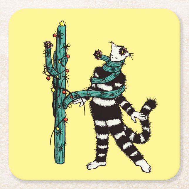 Porta-copo De Papel Quadrado Natal Cat E Cactus Weird Xmas (Frente)