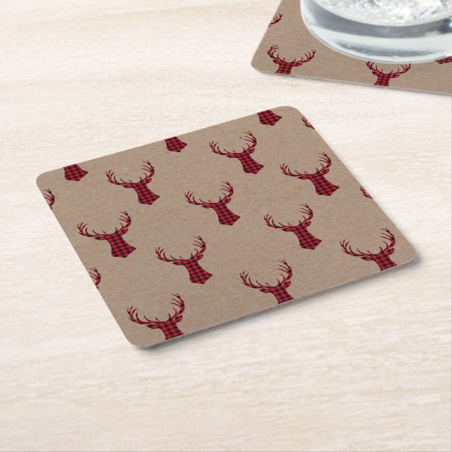 Porta-copo De Papel Quadrado Natal da Xadrez Rustic Deer Kraft (Inclinado)