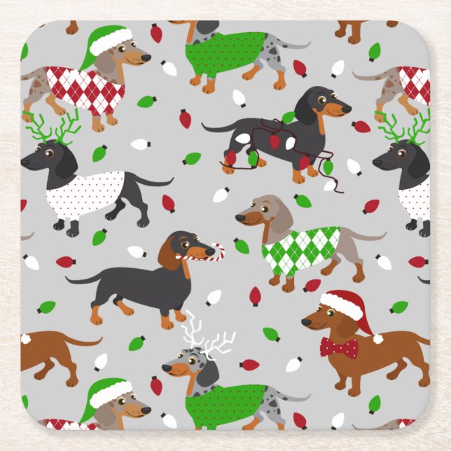 Porta-copo De Papel Quadrado Natal Dachshund Todos os Casacos (Frente)