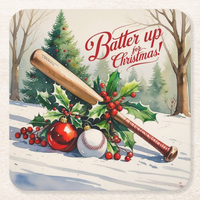 Porta-copo De Papel Quadrado Natal de baseball "Batter Up para o Natal!" (Frente)