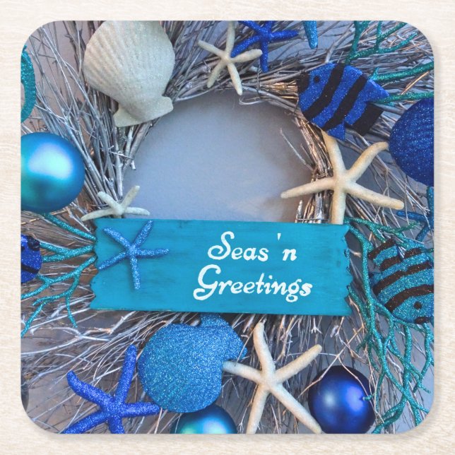 Porta-copo De Papel Quadrado Natal de Férias de Seashell nas Costas Tropicais (Frente)