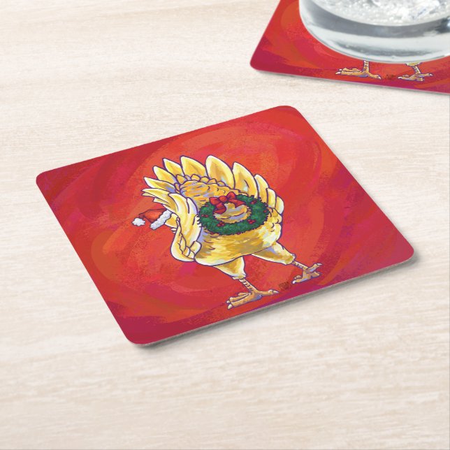 Porta-copo De Papel Quadrado Natal De Frango Em Vermelho (Inclinado)