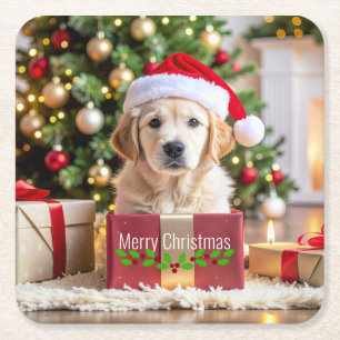 Porta-copo De Papel Quadrado Natal do Golden Retriever