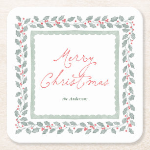 Porta-copo De Papel Quadrado Natal em Aquarela com Folhas de Azevinho em Cottag