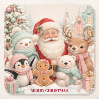 Porta-copo De Papel Quadrado Natal fofo com Papai Noel, Pinguim, Urso, Rena