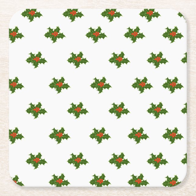 Porta-copo De Papel Quadrado Natal Holly Pattern Red Berries Folhas Verdes (Frente)
