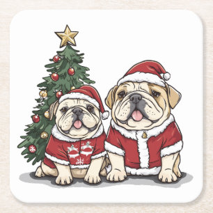 Porta-copo De Papel Quadrado Natal Inglês Buldogue Santa Hats