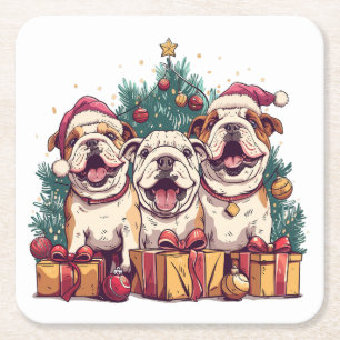Porta-copo De Papel Quadrado Natal Inglês Buldogue Santa Hats