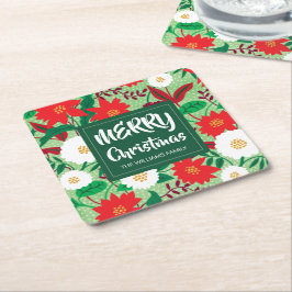 Porta-copo De Papel Quadrado Natal Poinsettia Red White Floral Monograma