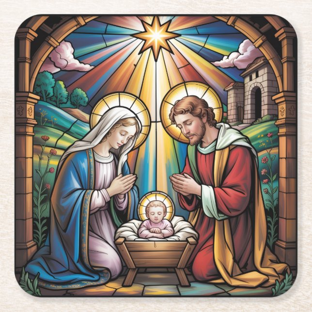 Porta-copo De Papel Quadrado Nativity Stained Glass Art – Holy Family Christmas (Frente)