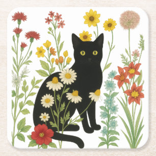 Porta-copo De Papel Quadrado Natureza Botânica – Gato Preto no Jardim de Flores