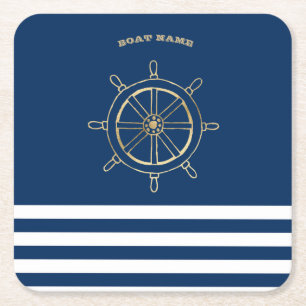 Porta-copo De Papel Quadrado Náutico, Roda de Barco Dourada, Listras Azul-Marin