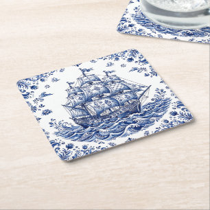 Porta-copo De Papel Quadrado Navio Mercante Estilo Delft Azul e Branco