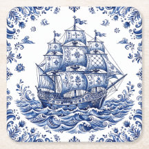 Navio Mercante Estilo Delft Azul e Branco