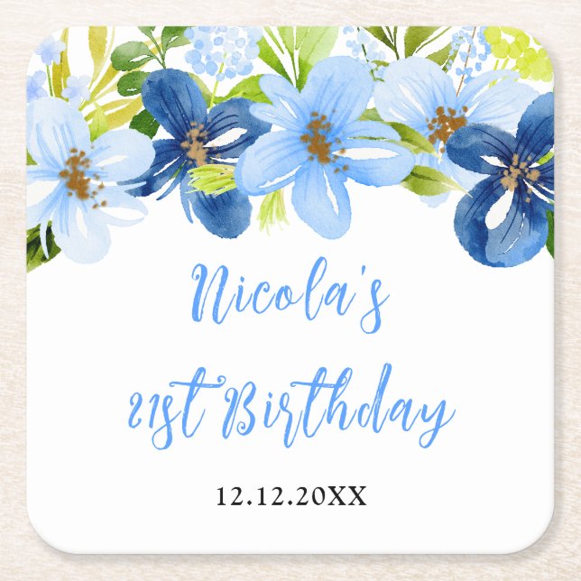 Porta-copo De Papel Quadrado Navy and Baby Blue Floral Birthday (Frente)
