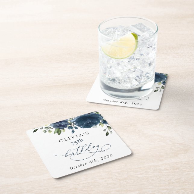 Porta-copo De Papel Quadrado Navy Blue Flowers, Greenery, Boho, Birthday (Insitu)