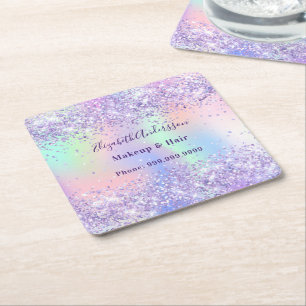 Porta-copo De Papel Quadrado Negócios de nome de brilho holográfico da lavanda 