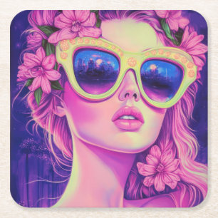 Porta-copo De Papel Quadrado Neon Dream Girl com óculos de sol florais
