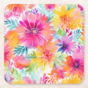 Porta-copo De Papel Quadrado Neon Floral Watercolor Party