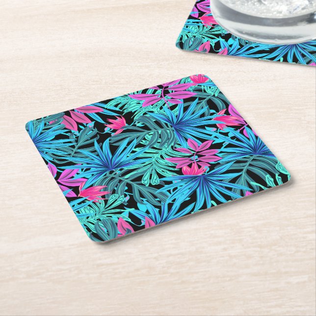 Porta-copo De Papel Quadrado Neon Pink and Blue Tropical Plant Pattern (Inclinado)