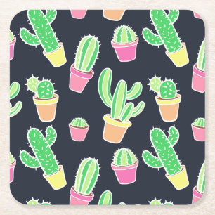 Porta-copo De Papel Quadrado Neon Watercolor Cactos em Potes