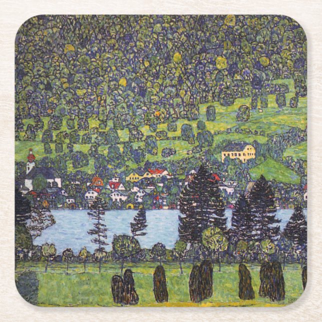 Porta-copo De Papel Quadrado No Lago Atter, Gustav Klimt (Frente)
