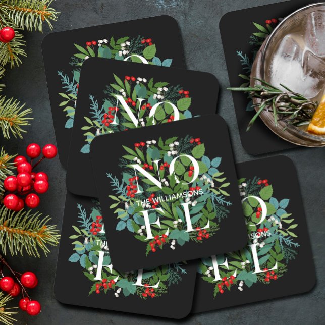 Porta-copo De Papel Quadrado NOEL Berries Greenery Black Feriado (NOEL winter greenery and berries on black holiday square paper coasters)