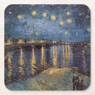 Porta-copo De Papel Quadrado Noite Estrelada sobre o Rio Ródano de Vincent Van 