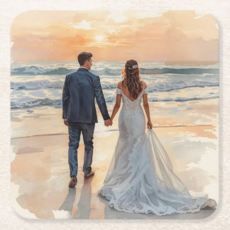 Porta-copo De Papel Quadrado Noiva e Noivo Aquarela de Praia Casamento Pintado