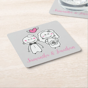Porta-copo De Papel Quadrado Noiva & Noivo Cartoon Rosa & Cinza Casamento Noiva