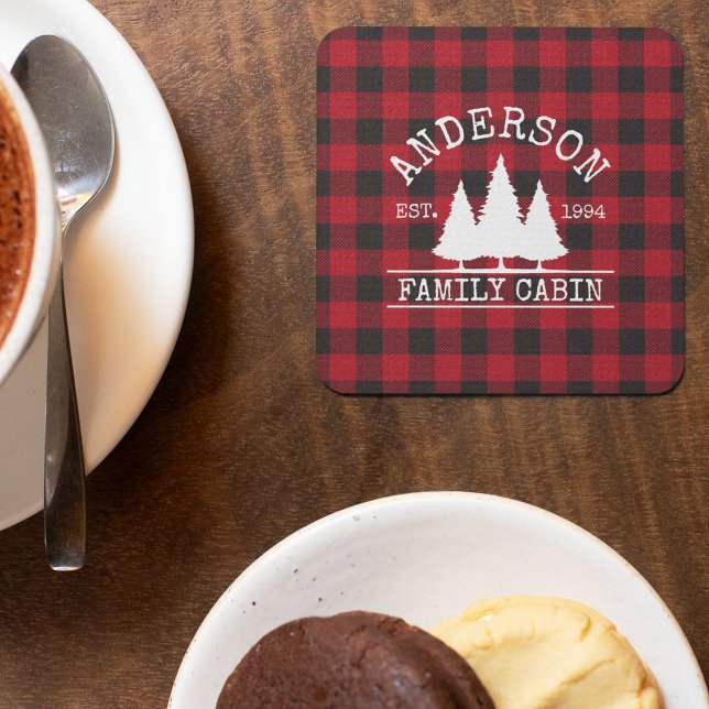 Porta-copo De Papel Quadrado Nome da Família Cabina Xadrez Red Buffalo (Customize to change text size or text style.)