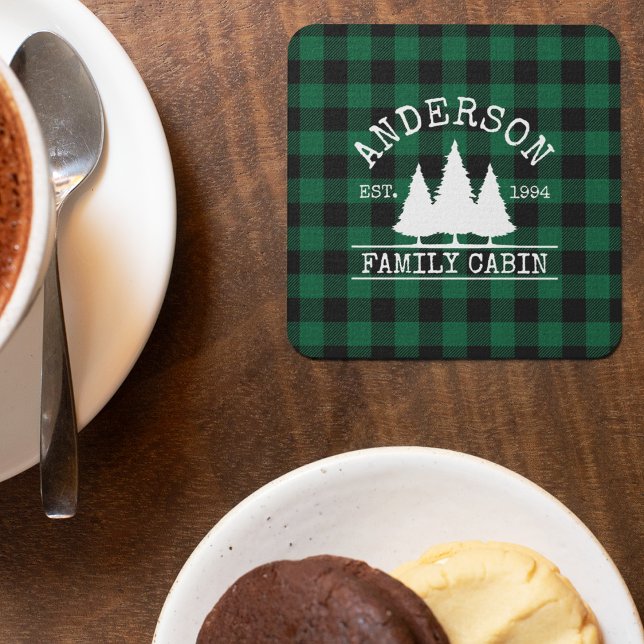 Porta-copo De Papel Quadrado Nome da Família Cabina Xadrez Verde Buffalo (Customize to change text size or text style.)