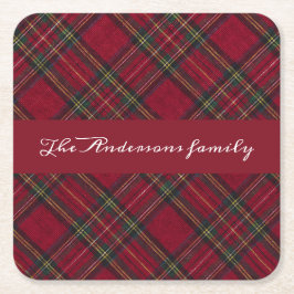 Porta-copo De Papel Quadrado Nome da família da xadrez de Natal vermelha e verd