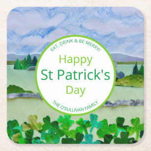 Porta-copo De Papel Quadrado Nome da Família de Paisagem Shamrock do Dia de S
