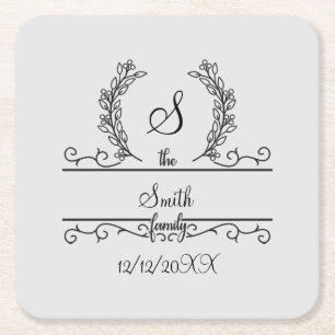 Porta-copo De Papel Quadrado Nome da família personalizada monograma Folhas de