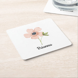 Porta-copo De Papel Quadrado Nome da Flor Aquarela Bege