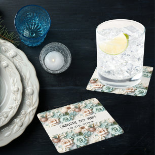 Porta-copo De Papel Quadrado Nome de aniversário de creme verde empoeirado