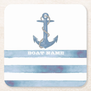 Porta-copo De Papel Quadrado Nome de Barco Náutico,Âncora,Corda,Listras Azul Cl
