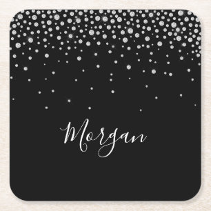 Porta-copo De Papel Quadrado Nome DIY Branco Script & Diamantes Brancos, Preto