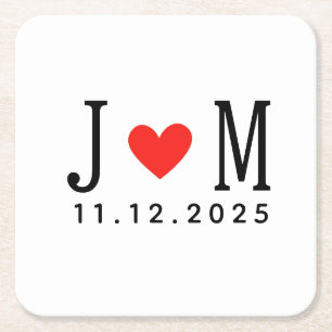 Porta-copo De Papel Quadrado Nome do Casal de casamento personalizado Data Red 