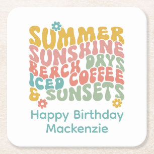 Porta-copo De Papel Quadrado Nome do Monograma Cor-de-Rosa de Verão